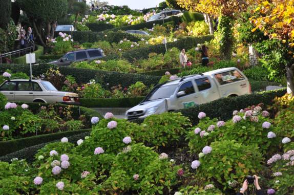 Descendo a rua mais torta e florida do mundo, a Lombard Street, em San Francisco, na Califórnia, nos Estados Unidos